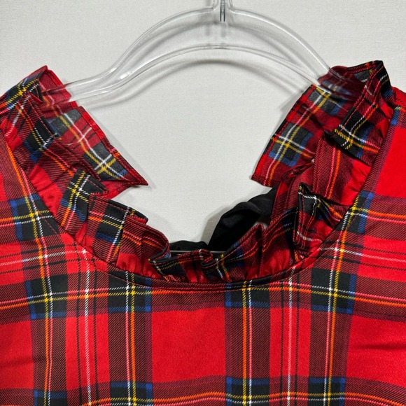 J.Crew Womens Red Stewart Plaid Ruffle Neck Bow Back Sleeveless Top L - Picture 6 of 8